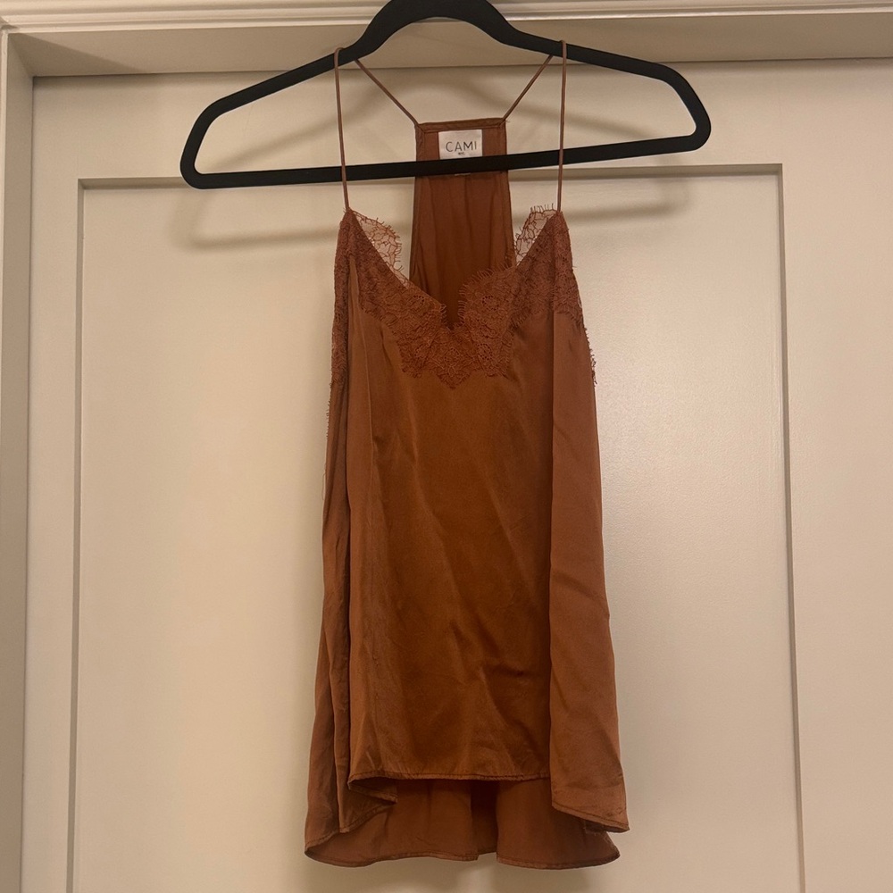 Silk Camel Brown Lace Trim Cami Top